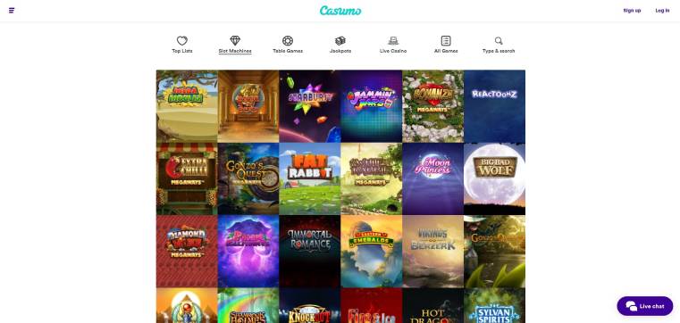 Slots Page and variety of games at Casumo Casino