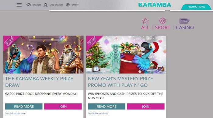 Karamba Casino Bonus Section