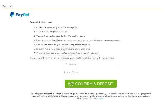 PayPal Deposit Page at Casino.com